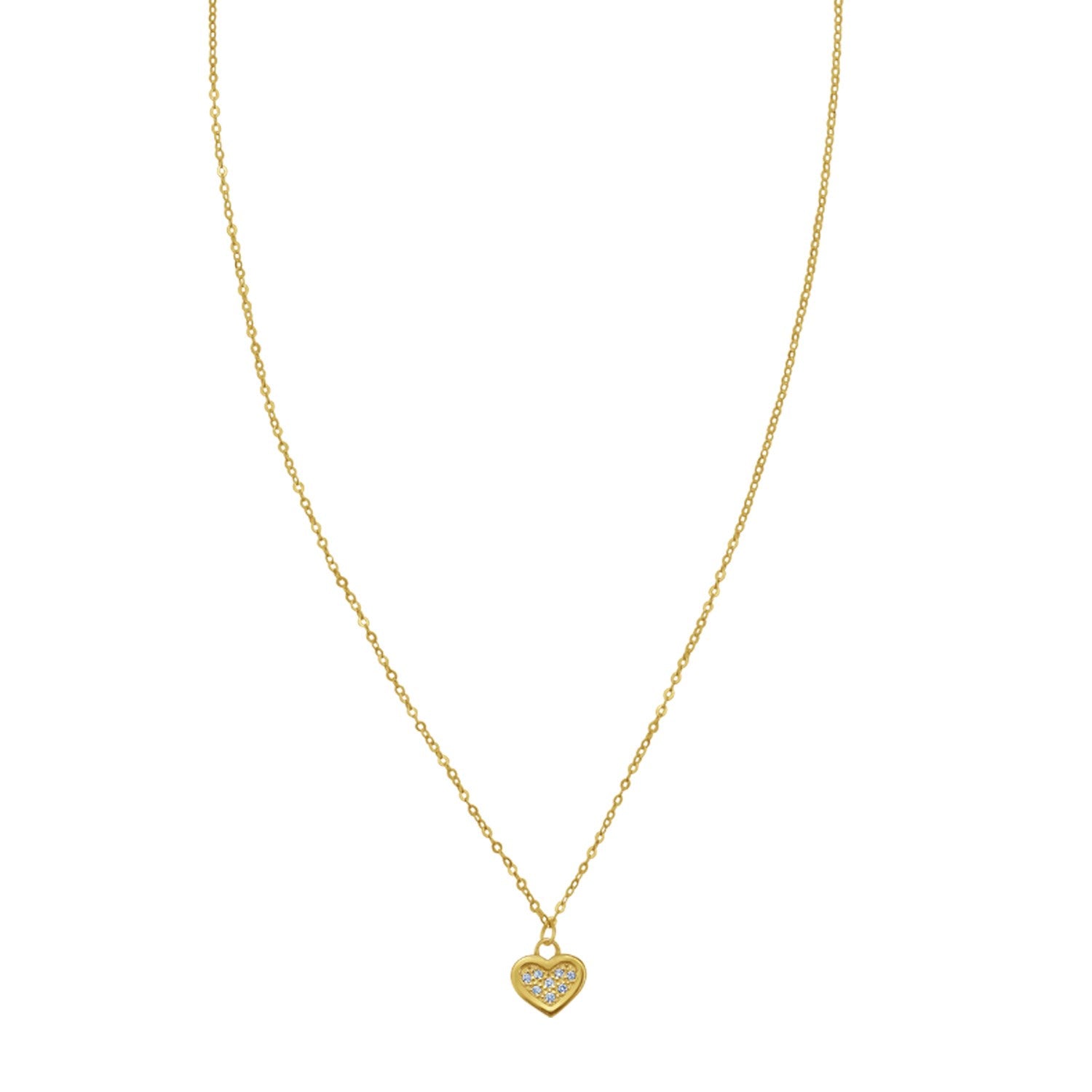 A delicate gold chain necklace with a small heart-shaped pendant adorned with tiny clear stones.