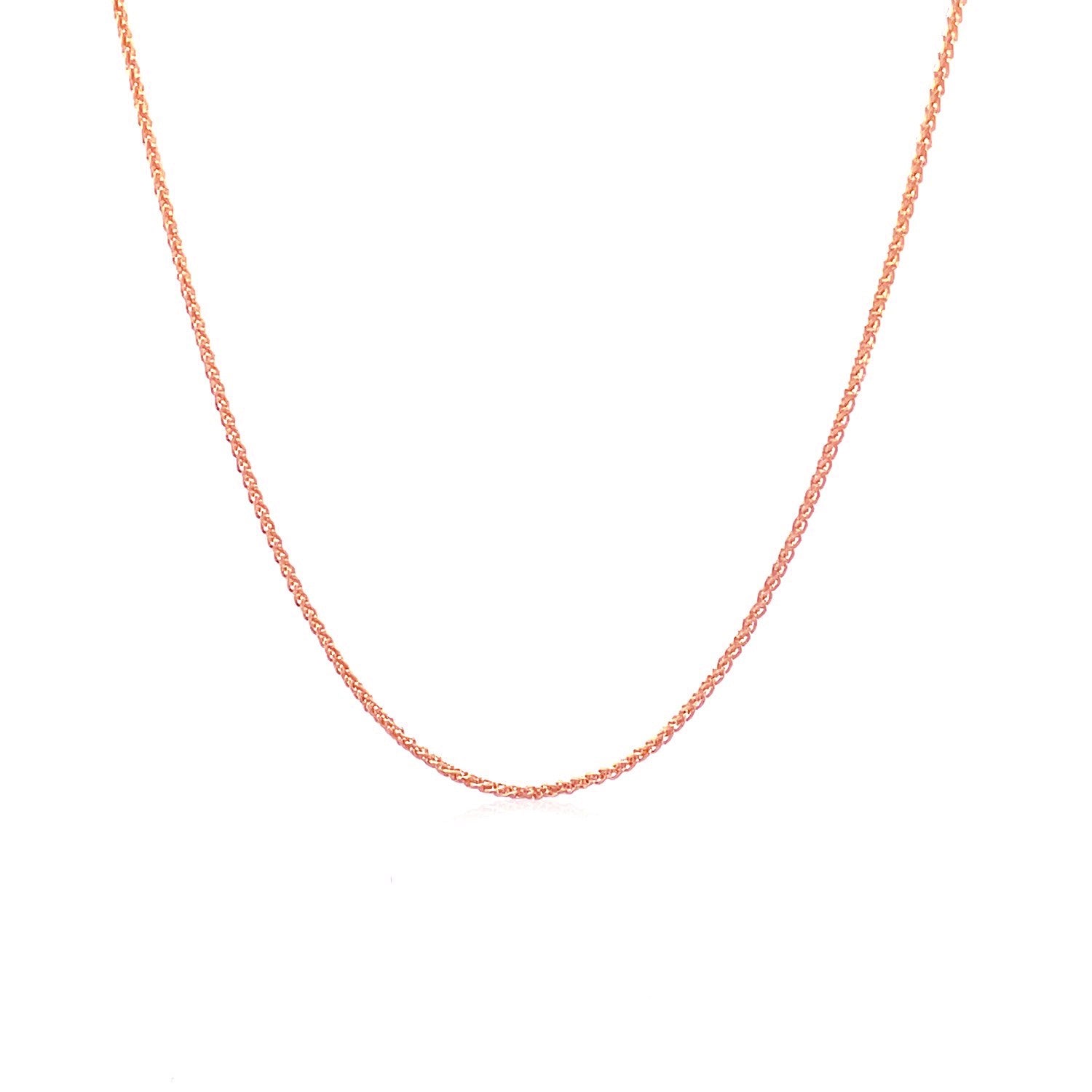 14k rose gold round wheat chain with a lobster clasp.