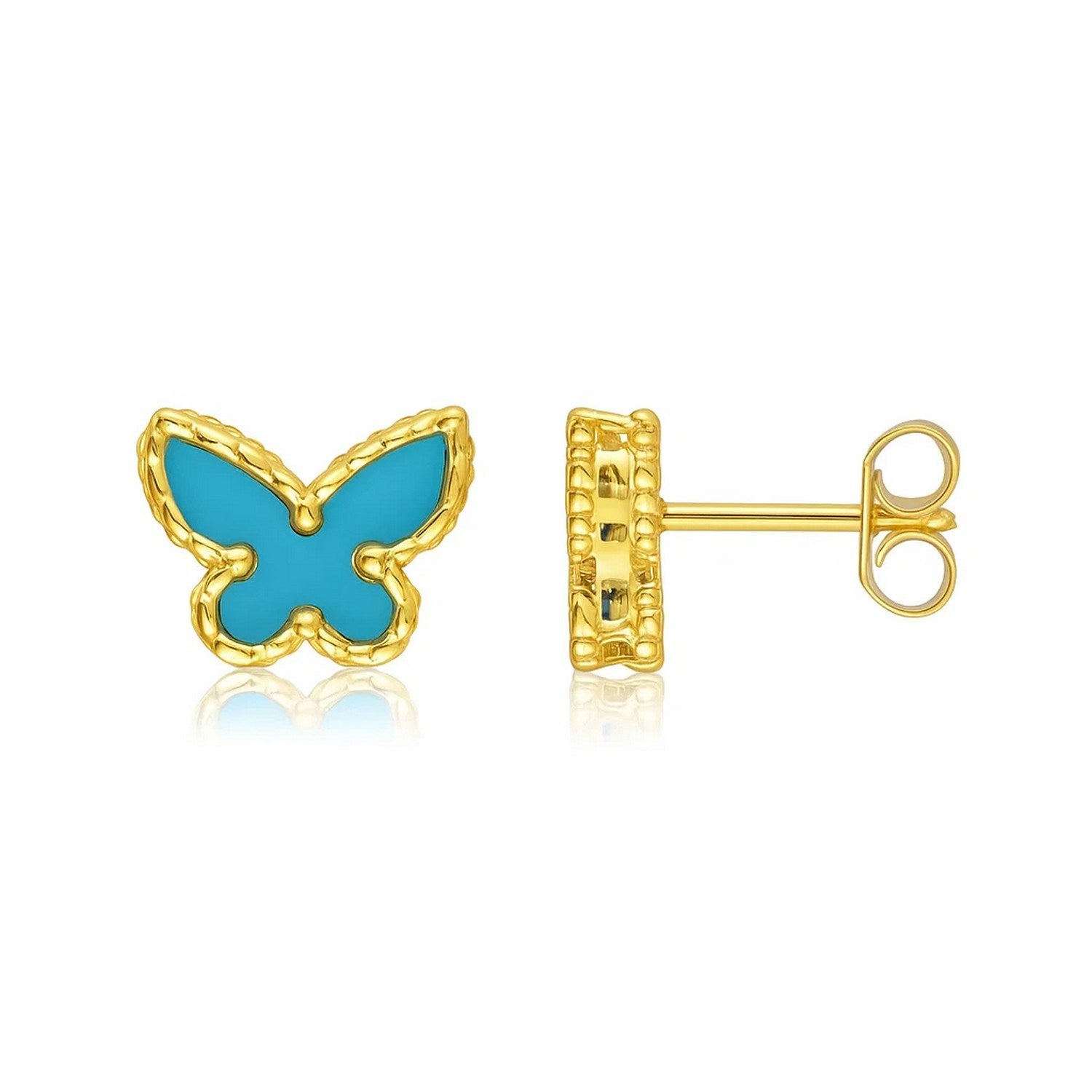 14K yellow gold butterfly stud earrings with turquoise inlay and push-back closure.