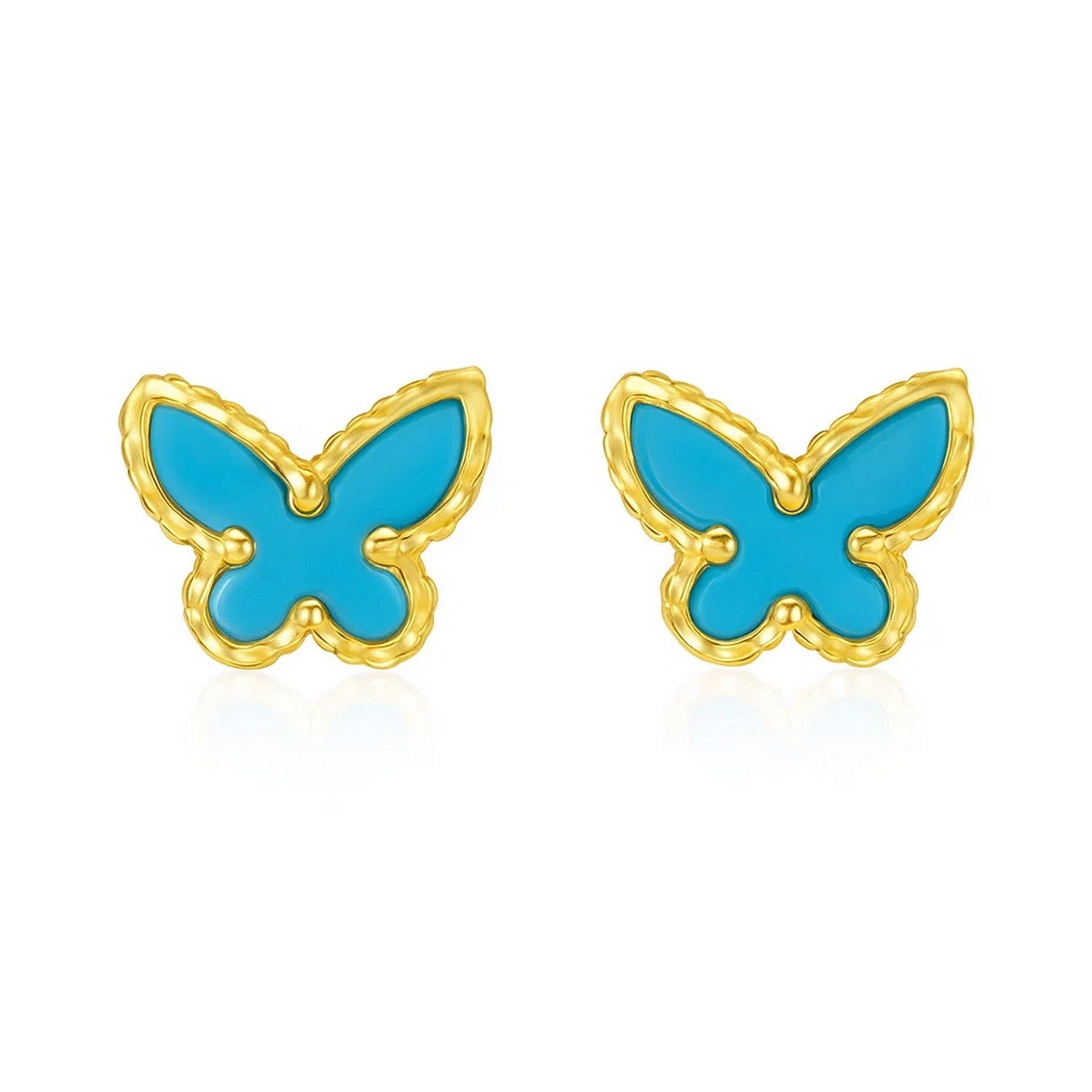 Pair of 14K yellow gold butterfly stud earrings with turquoise inlay.