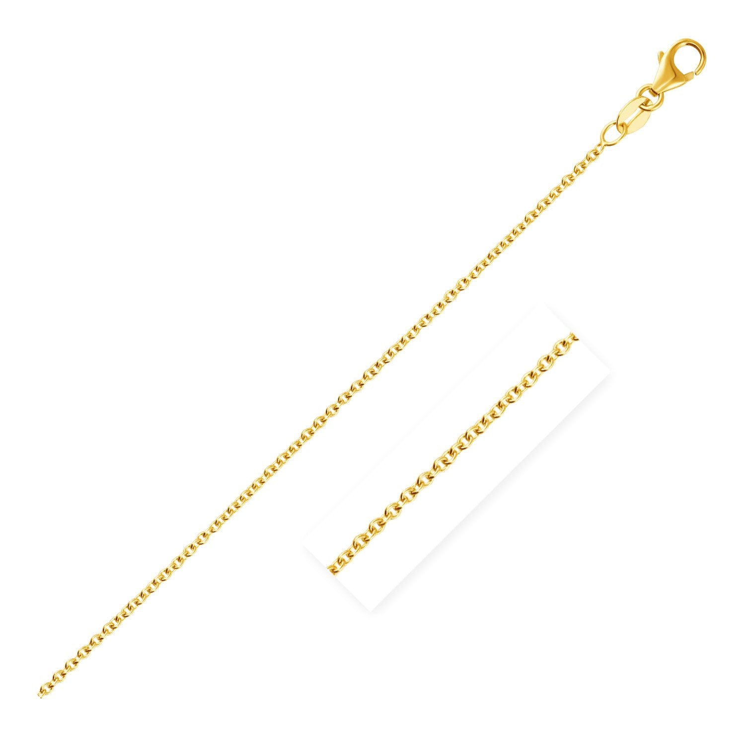 14k yellow gold round cable link chain with a lobster clasp.