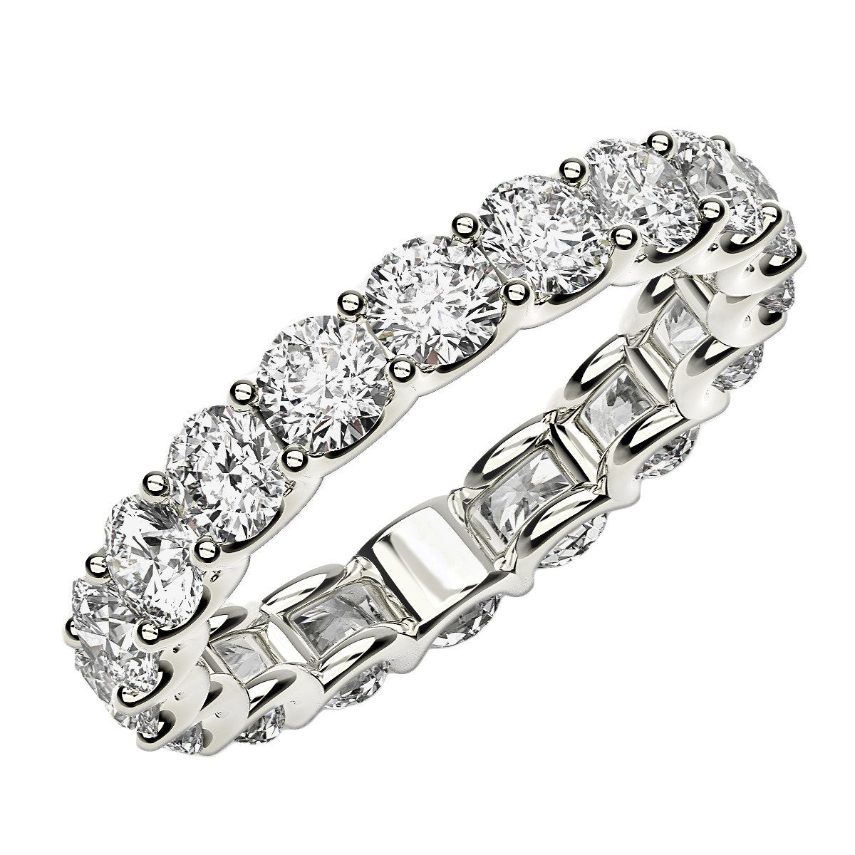 Round cut lab grown diamond eternity ring in 14k white gold.