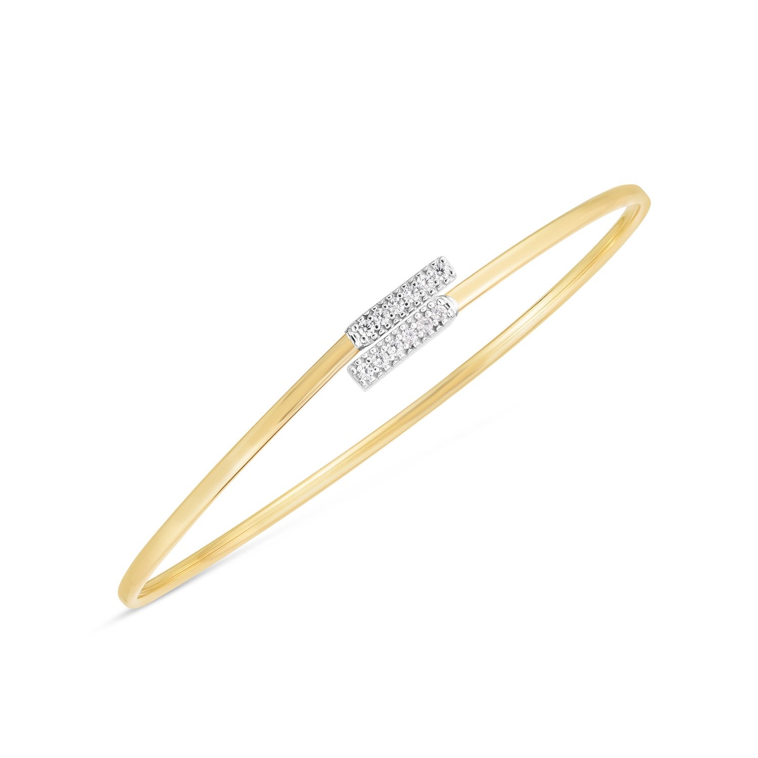 14k two-tone gold diamond bypass bar bangle with a high polish finish.