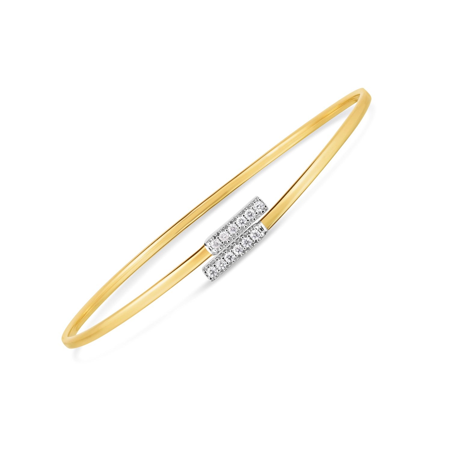 A two-tone gold bypass bangle with two diamond-encrusted bars.