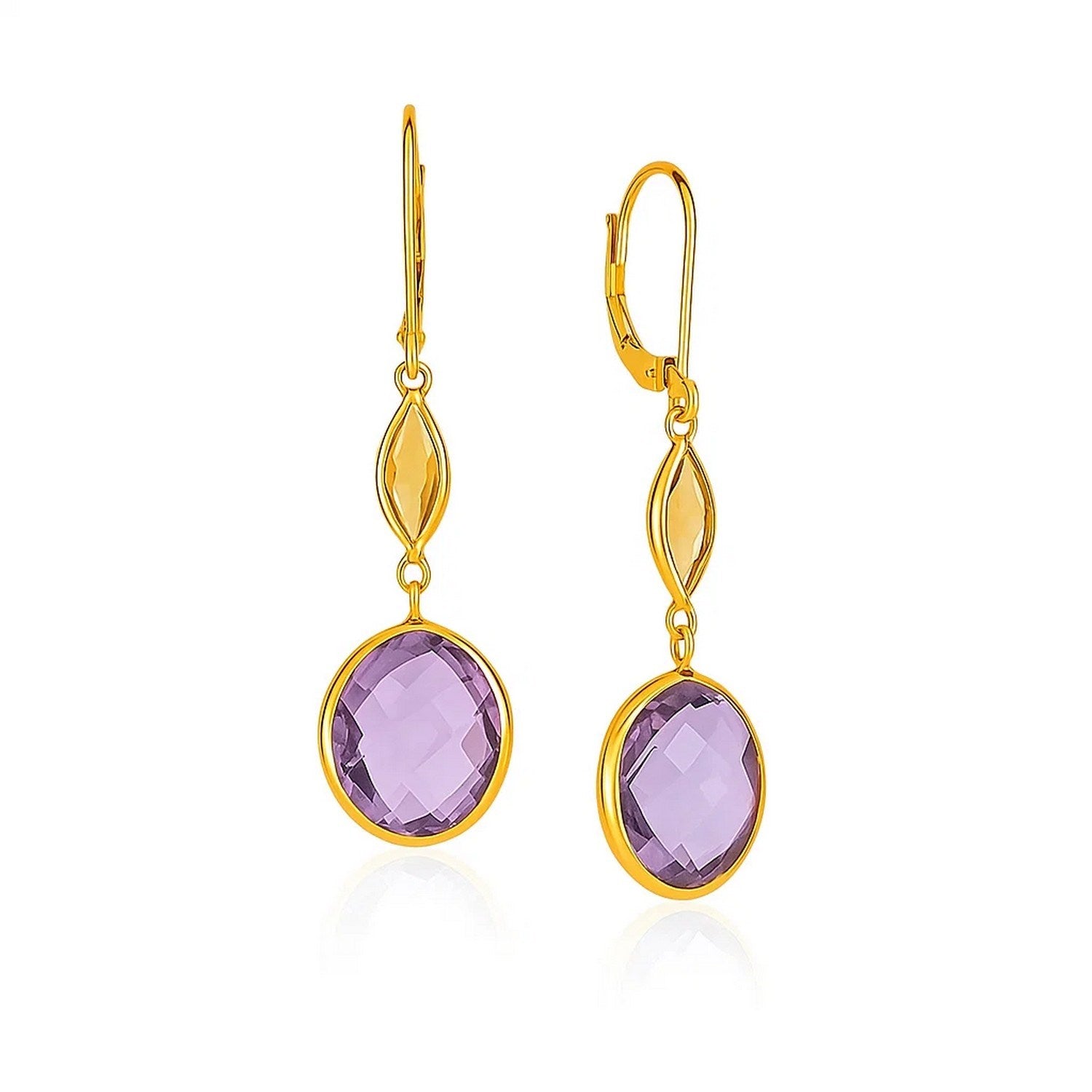 14k yellow gold drop earrings with marquise citrine and oval amethyst briolettes.
