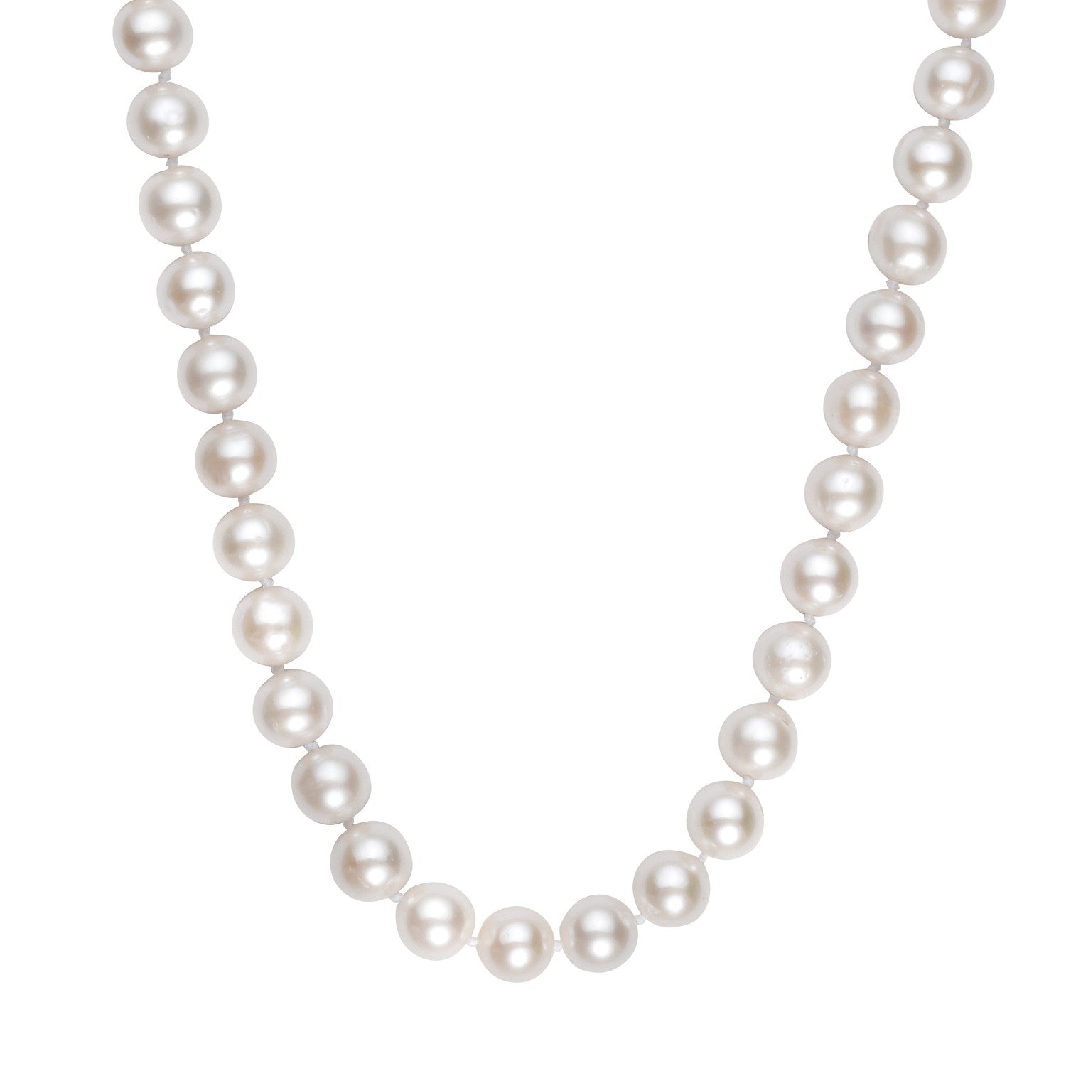 A classic pearl necklace with round, luminous pearls and a visible string.