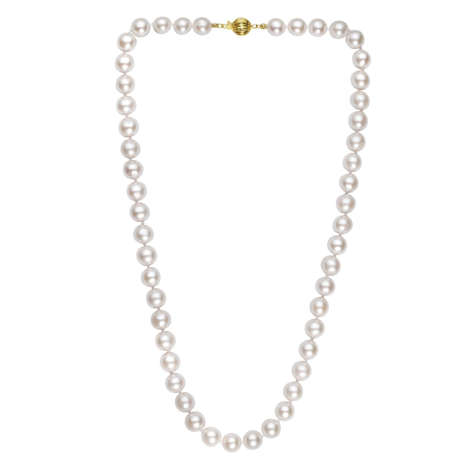 Pearl necklace with a 14K yellow gold ball clasp.