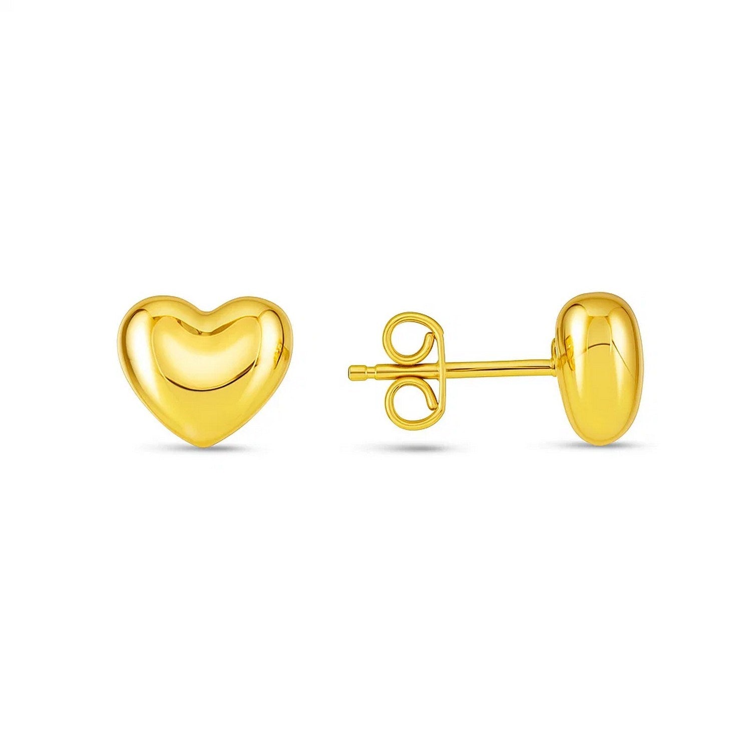 Small polished heart post earrings in 14K yellow gold with push backs.