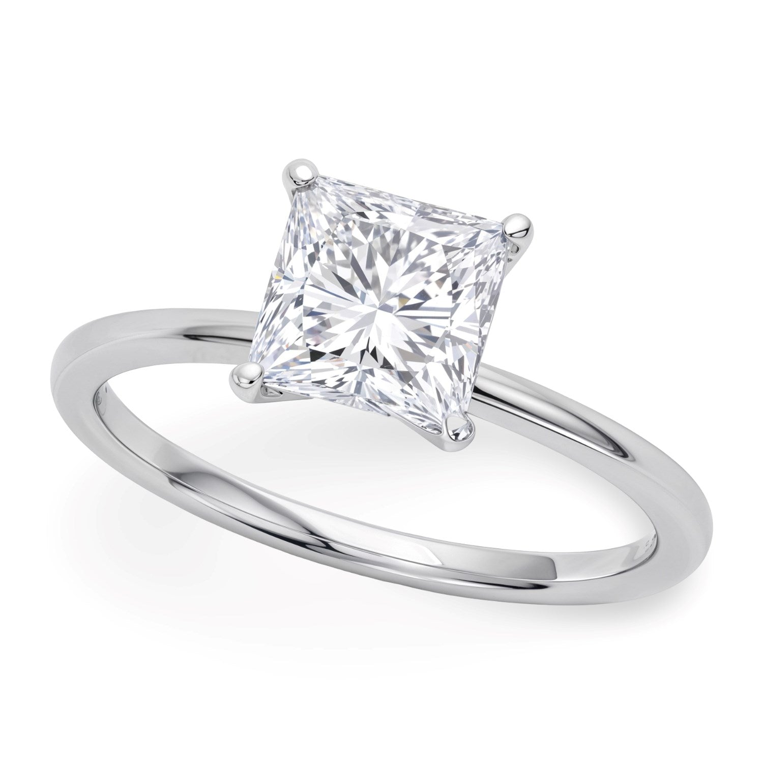 A princess-cut lab-grown diamond ring in 10K white gold with four prongs.