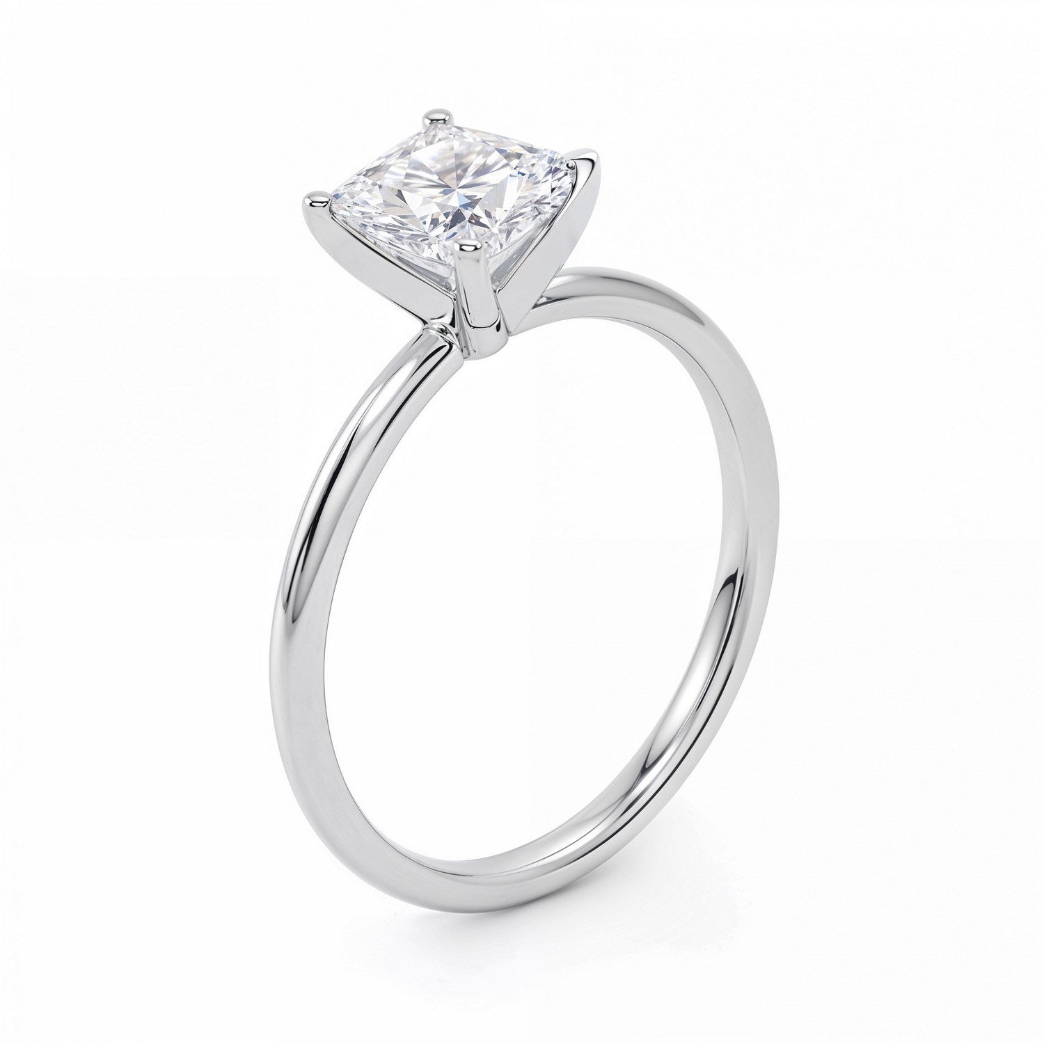 A princess-cut lab-grown diamond ring in 10K white gold with a four-prong setting.