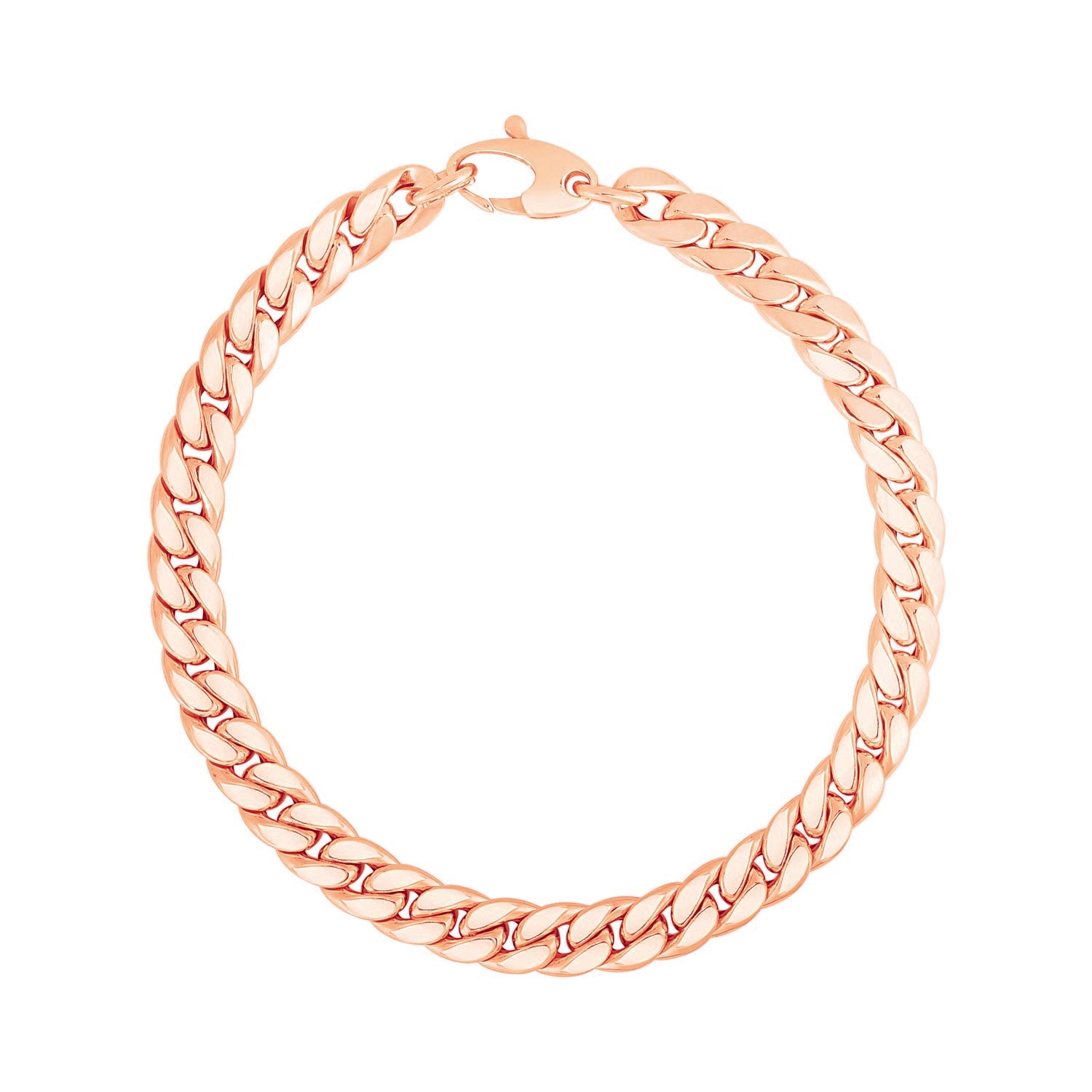 14K rose gold Cuban link bracelet with a lobster clasp.