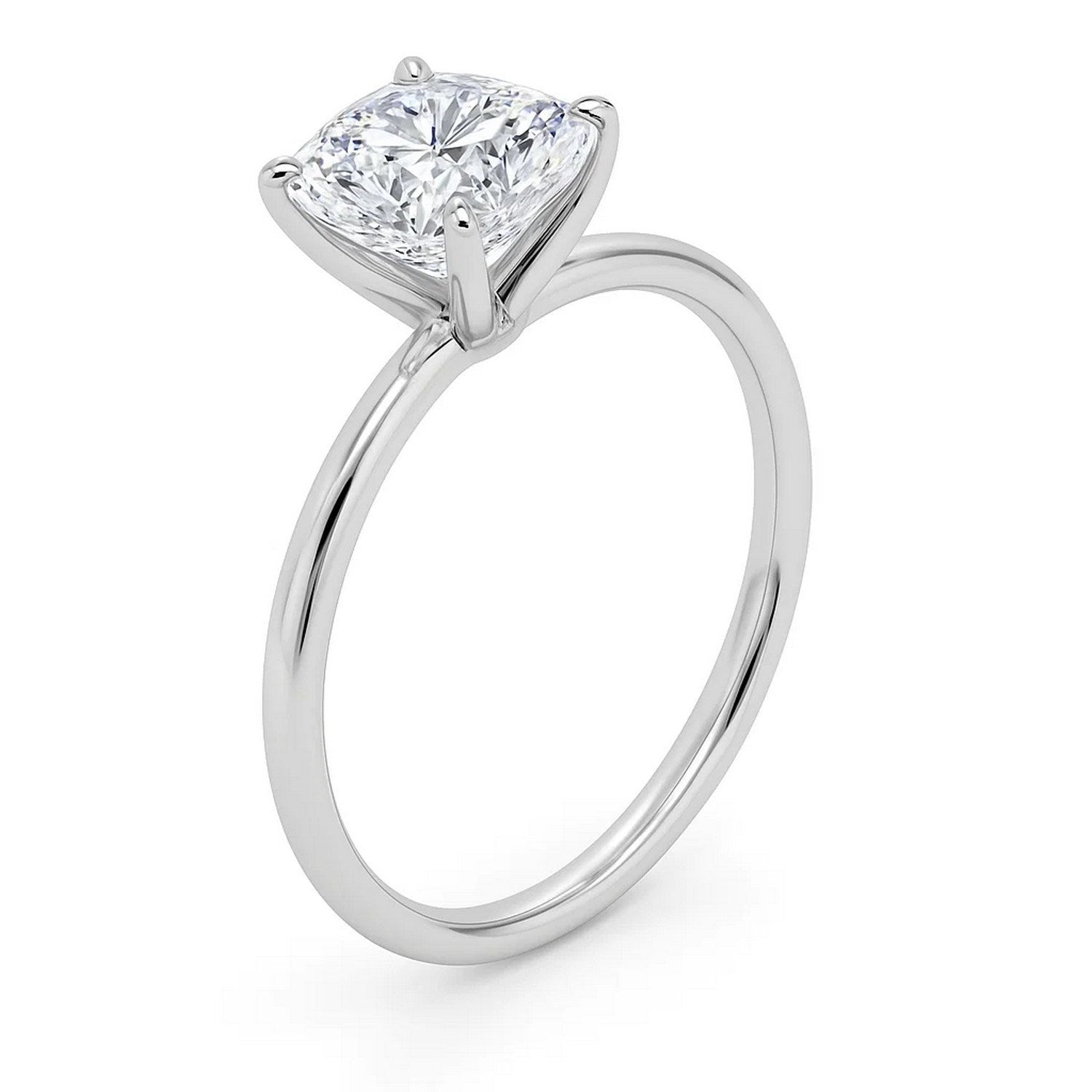 A cushion-cut lab-grown diamond solitaire ring in 14K white gold.