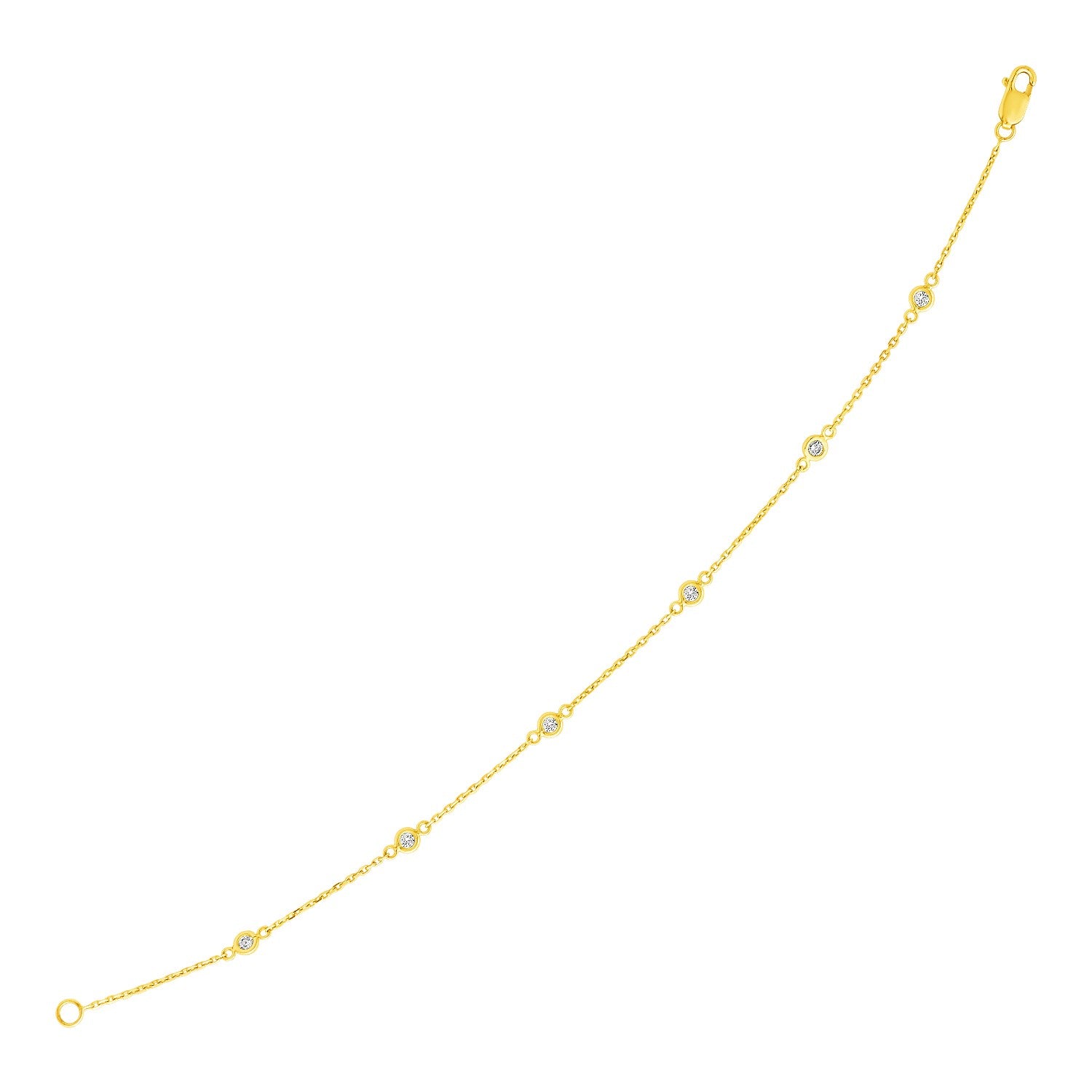 14k yellow gold bracelet with six round diamond stations and a lobster clasp.