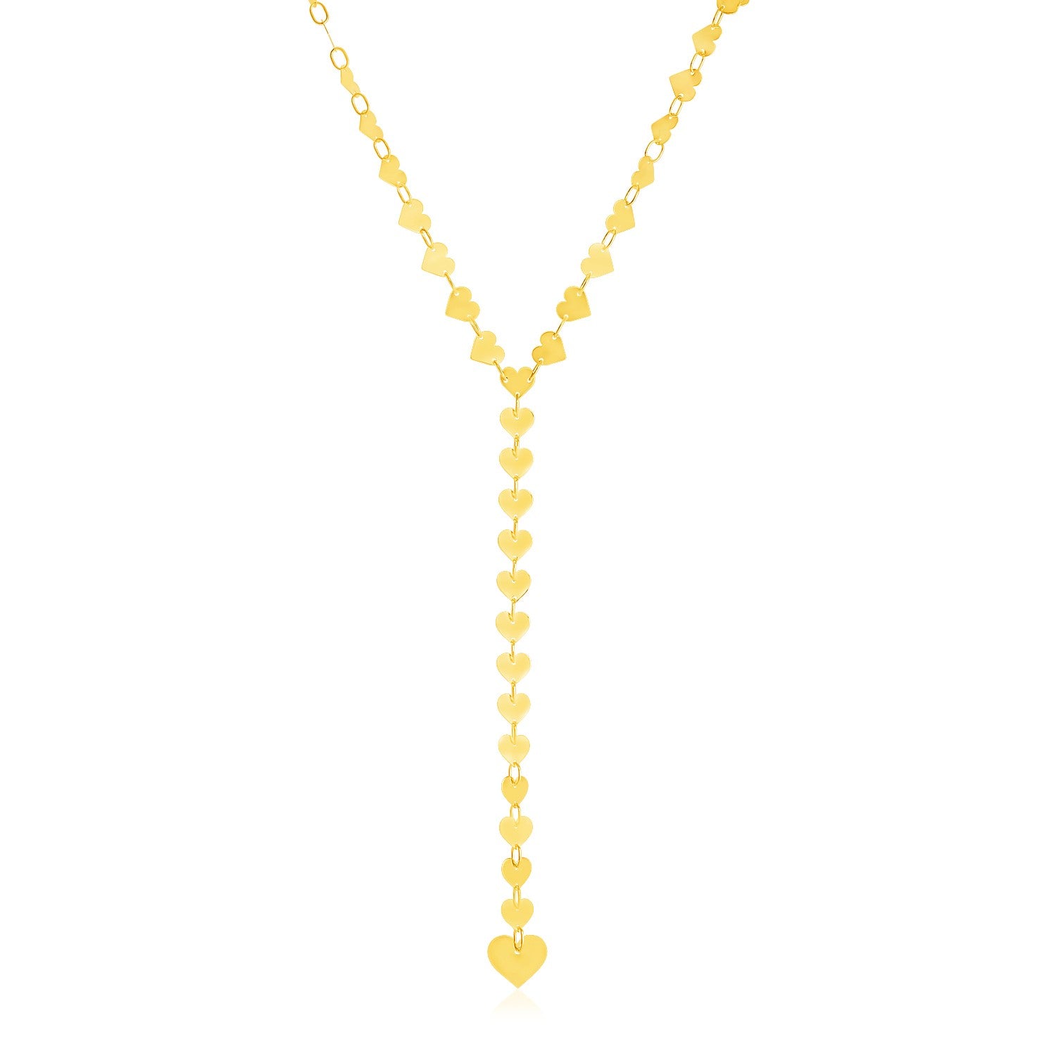 14k yellow gold lariat necklace featuring a chain of mirrored hearts.