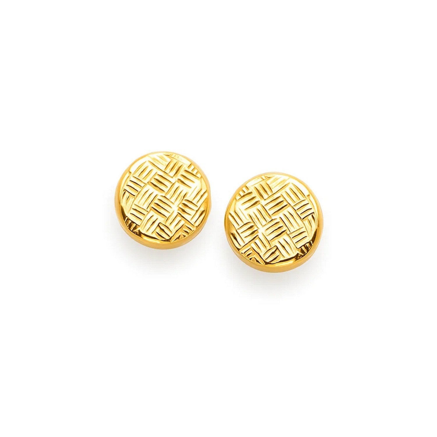 14k yellow gold post earrings feature textured circles with a cross-hatched pattern.