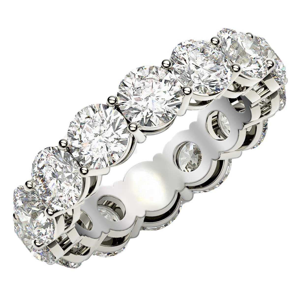 Round cut lab grown diamond eternity ring in 14k white gold.