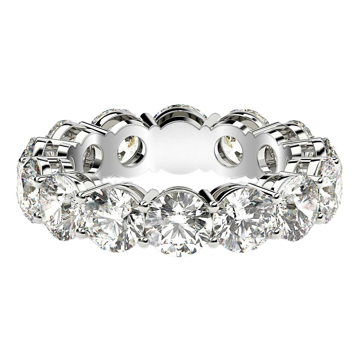 Round cut lab grown diamond eternity ring in 14k white gold.