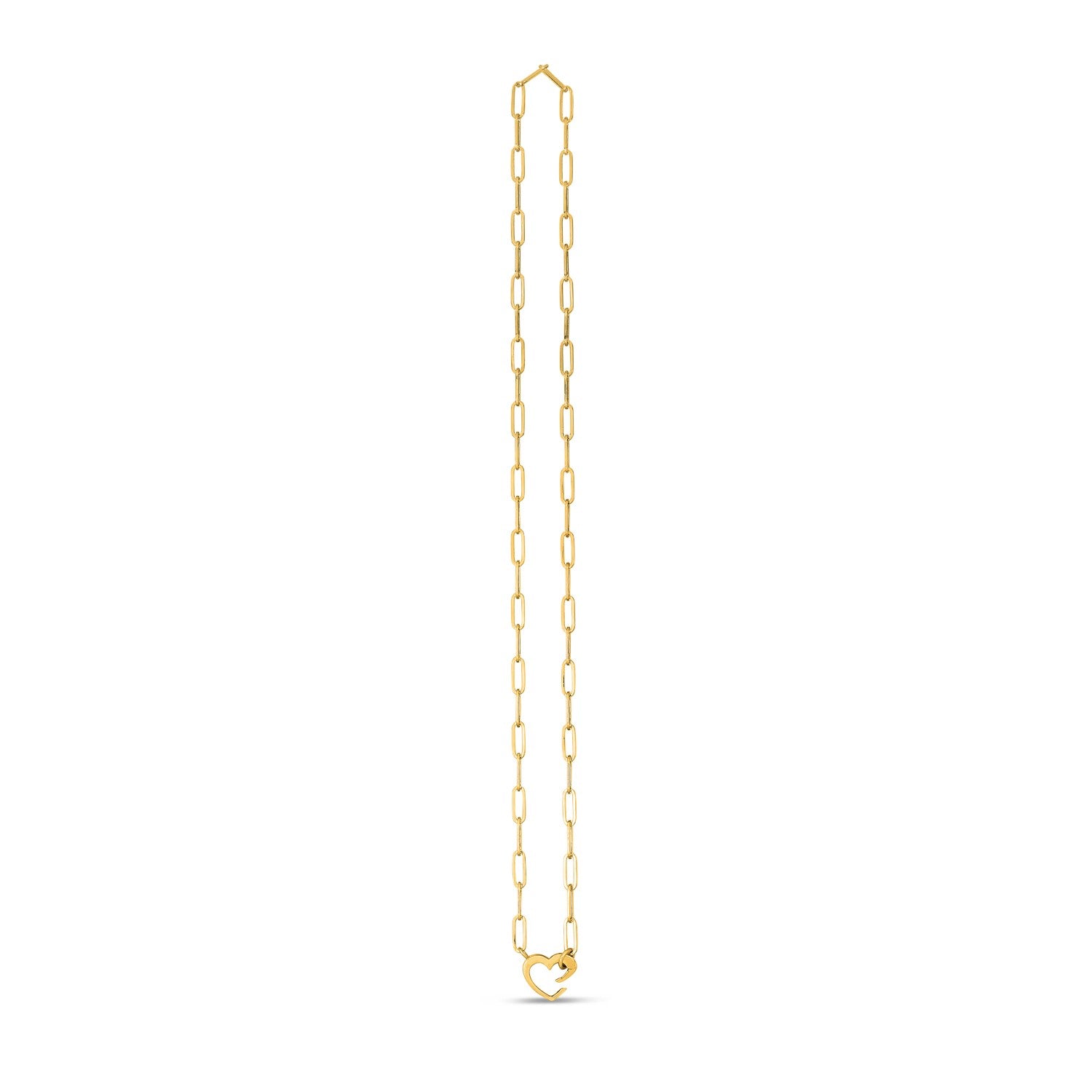 14k yellow gold paperclip necklace with a heart-shaped push lock clasp.