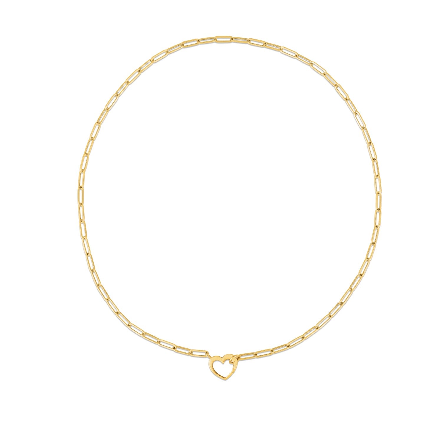 14k yellow gold paperclip chain necklace with a heart-shaped element.