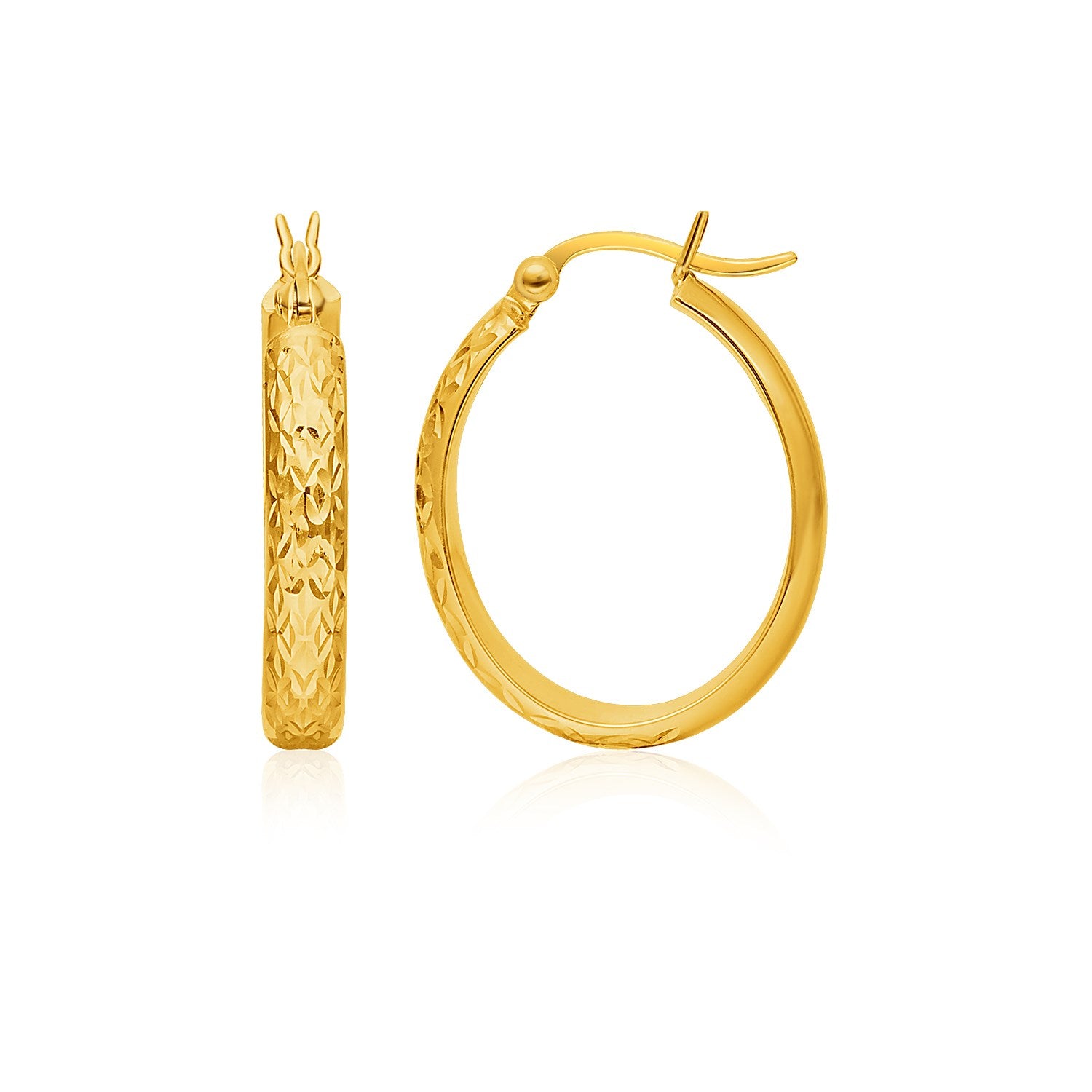 14k yellow gold hammered oval hoop earrings with a snap lock closure.