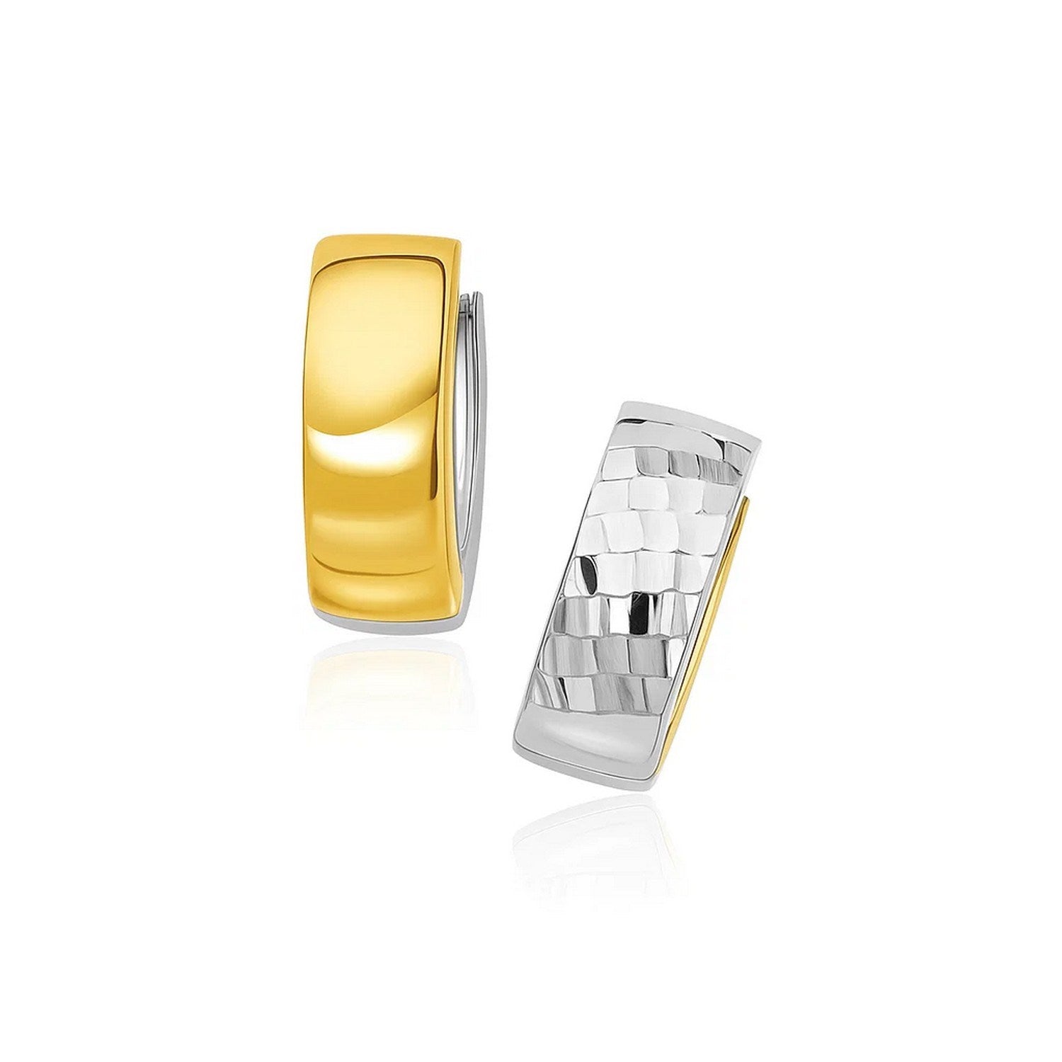 Two-tone gold hoop earrings, one polished yellow gold, the other textured white gold.