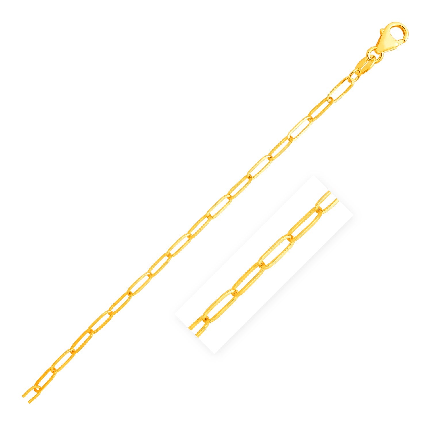 A 14K yellow gold paperclip chain with a lobster clasp.