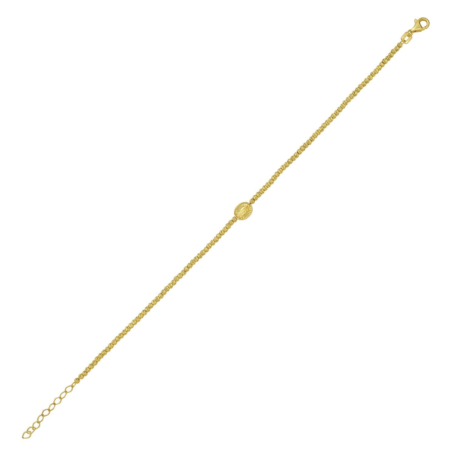 14K yellow gold Virgin Mary bracelet with a lobster clasp.