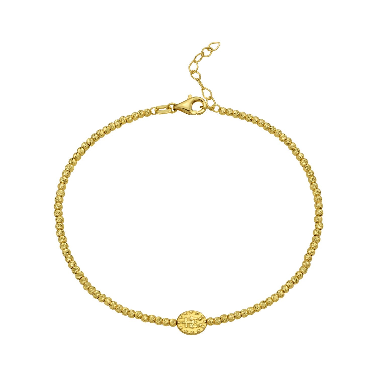 14K yellow gold beaded bracelet with a Virgin Mary medallion and lobster clasp.