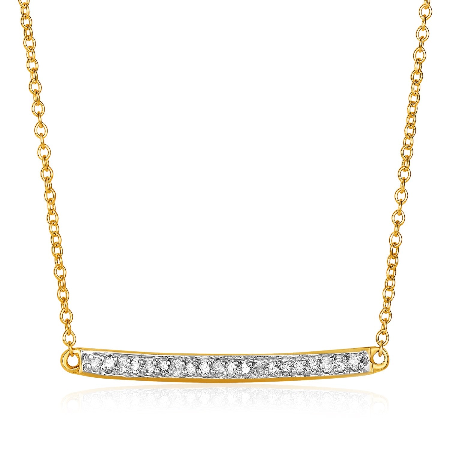 14k yellow gold necklace with a curved bar pendant featuring prong-set diamonds.