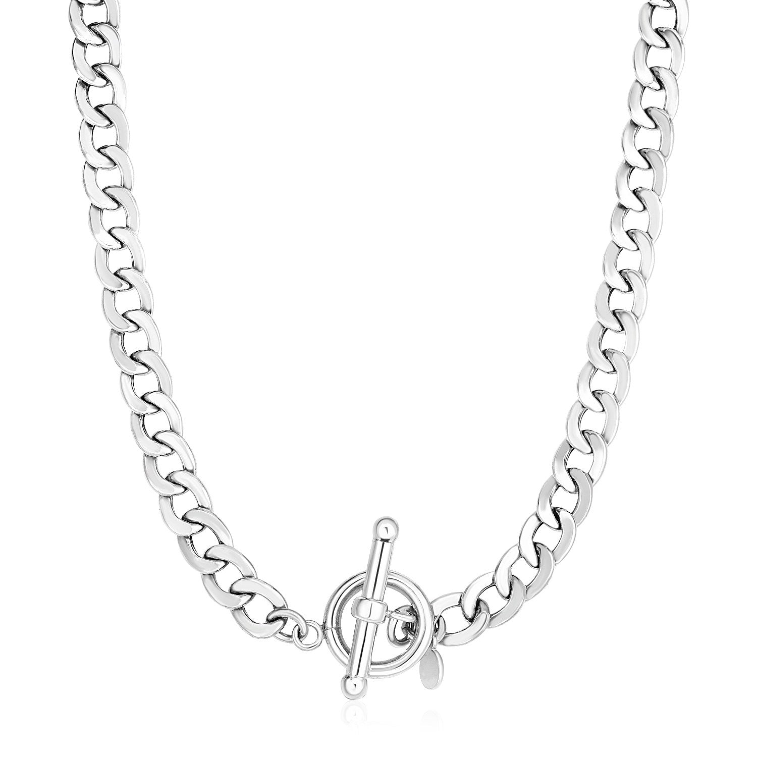 Sterling silver polished wide link necklace with a toggle clasp.