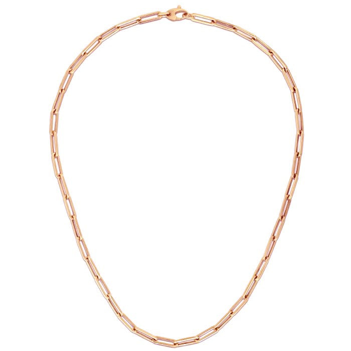 A 14K rose gold paperclip chain with a lobster clasp.