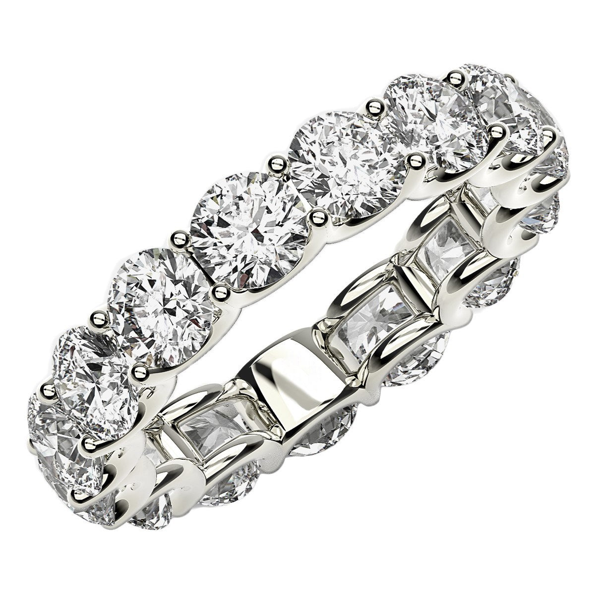 Round cut lab grown diamond eternity ring in 14k white gold.