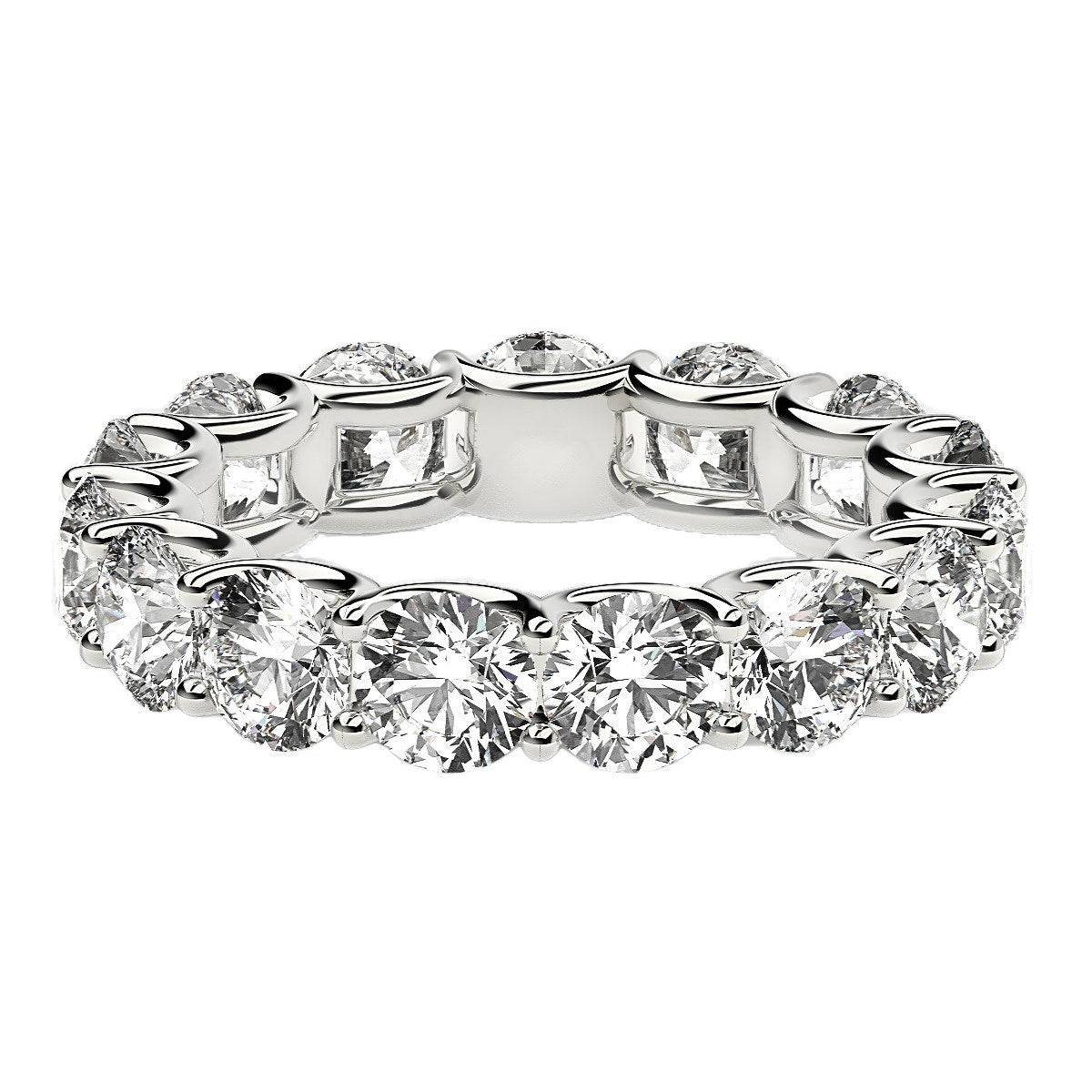 A round cut lab grown diamond eternity ring in 14k white gold.
