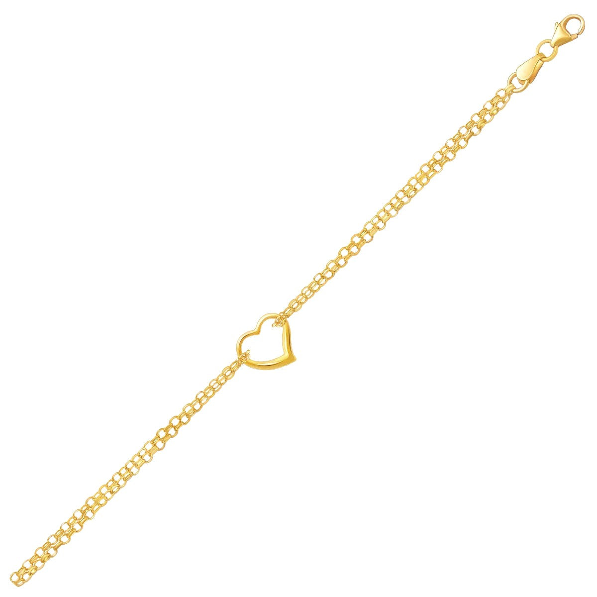 10k yellow gold double rolo chain anklet with an open heart station and lobster clasp.
