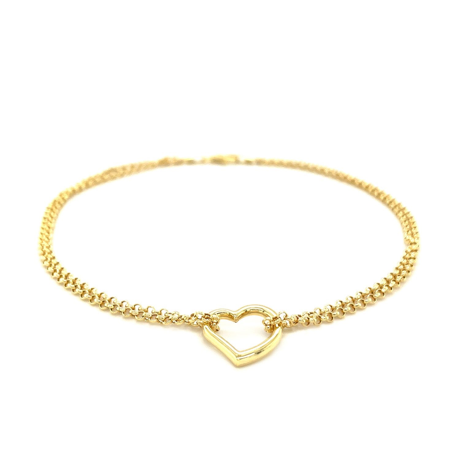 10k yellow gold double rolo chain anklet with an open heart station.