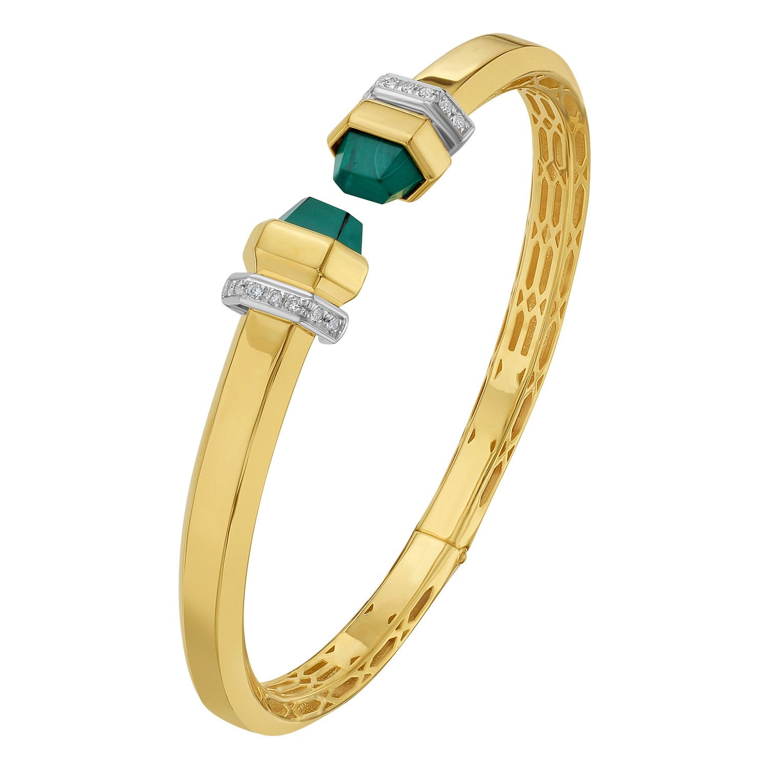 14K yellow gold cuff bangle with green pyramid accents and diamond embellishments.
