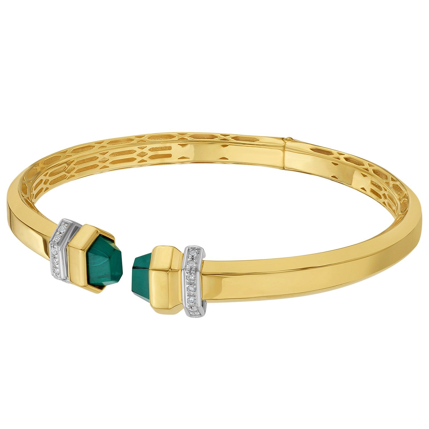 14K yellow gold cuff bangle with green pyramid accents and diamond embellishments.