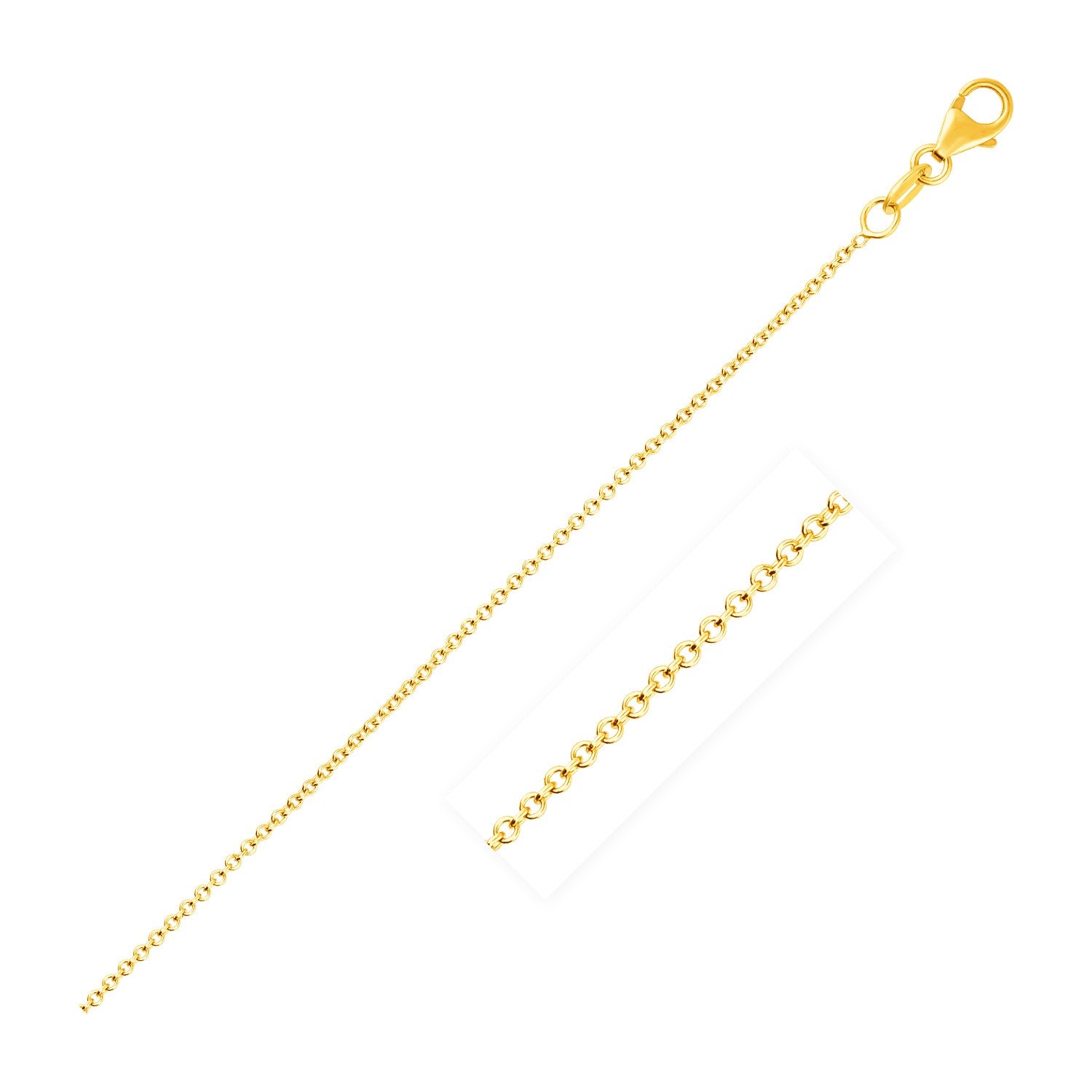 14k yellow gold round cable link chain with a lobster clasp.