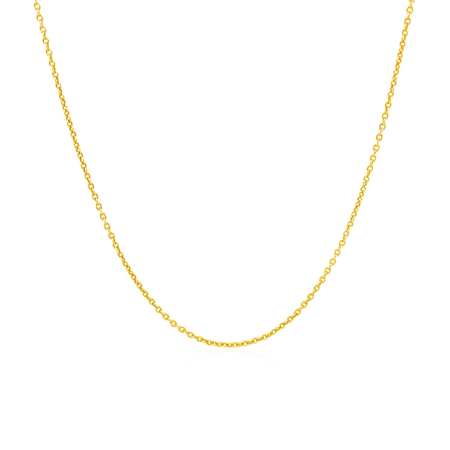 14k yellow gold round cable link chain, 1.1 mm wide.