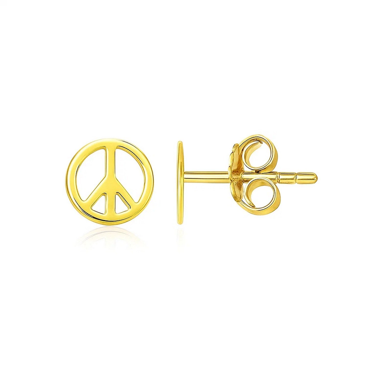 14k yellow gold post earrings featuring peace signs with pushback clasps.