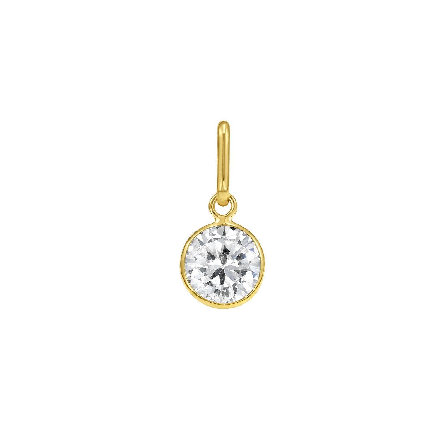 A round clear cubic zirconia charm in a yellow gold bezel setting.