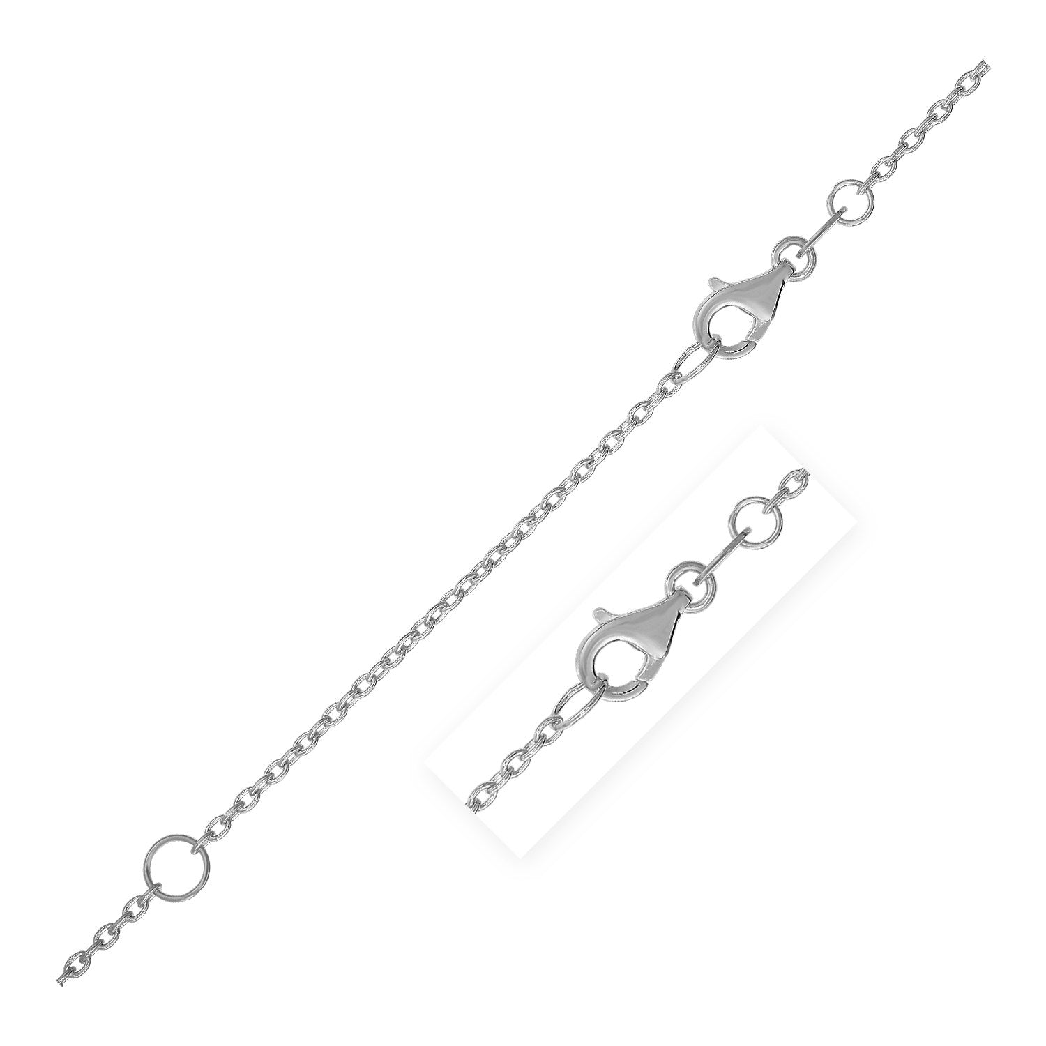 A white gold extendable cable chain with a lobster clasp.