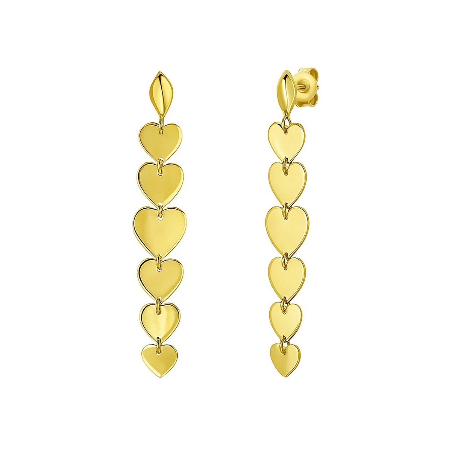 14K yellow gold drop earrings featuring a series of polished hearts.