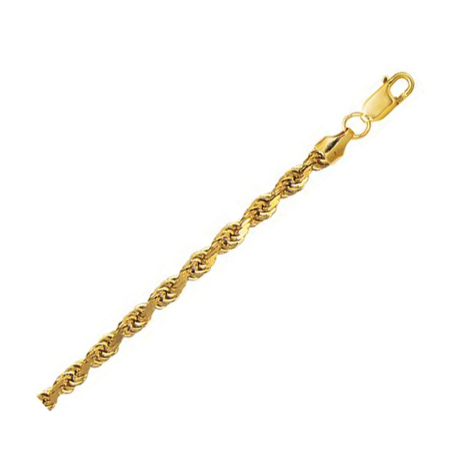 A 10K yellow gold hollow diamond cut rope chain with a lobster clasp.