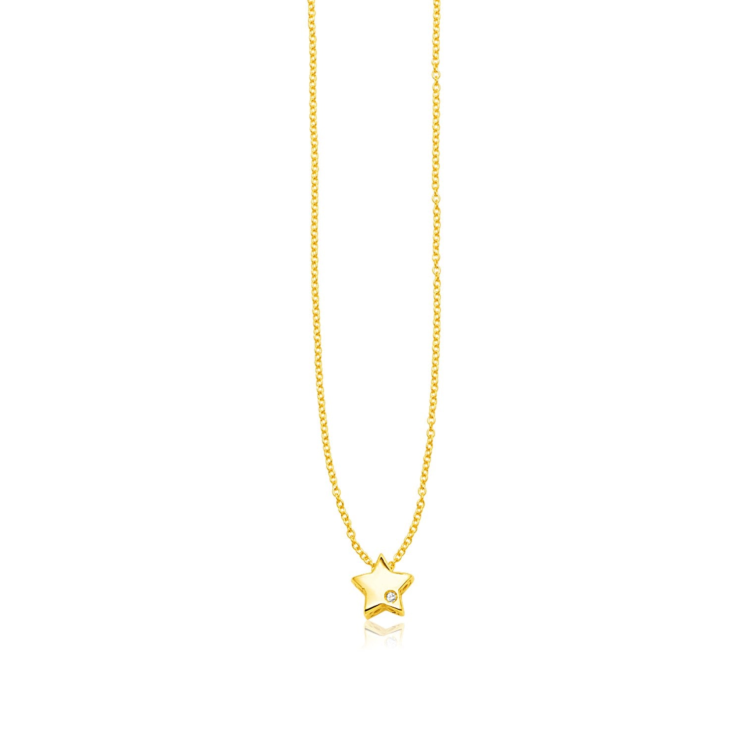 14k yellow gold polished star necklace with a single diamond.