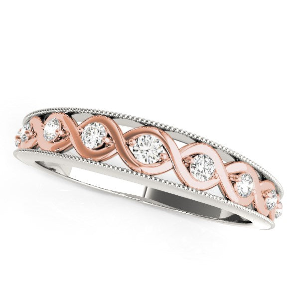 14k white and rose gold infinity diamond wedding band with milgrain edges.