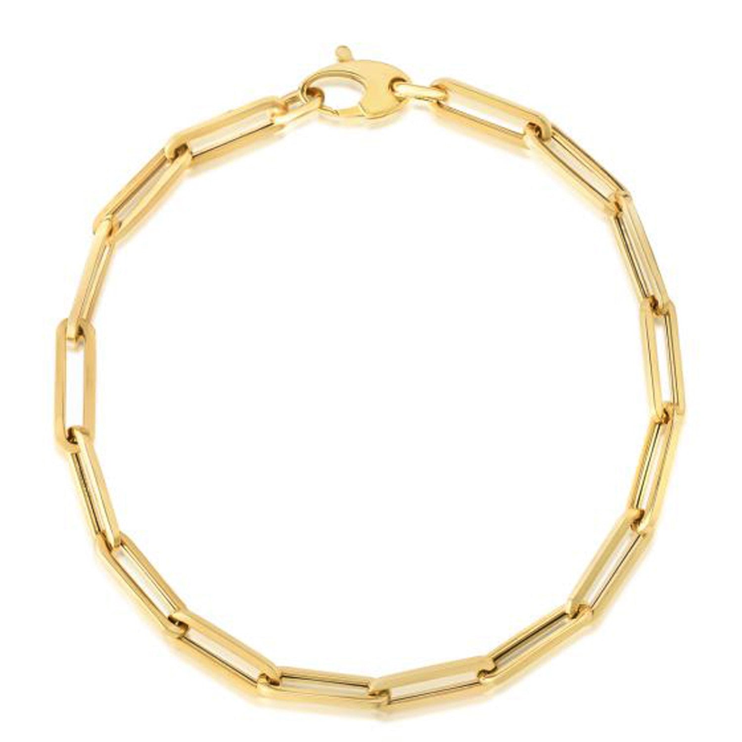 A 10K yellow gold paperclip chain bracelet with a lobster clasp.