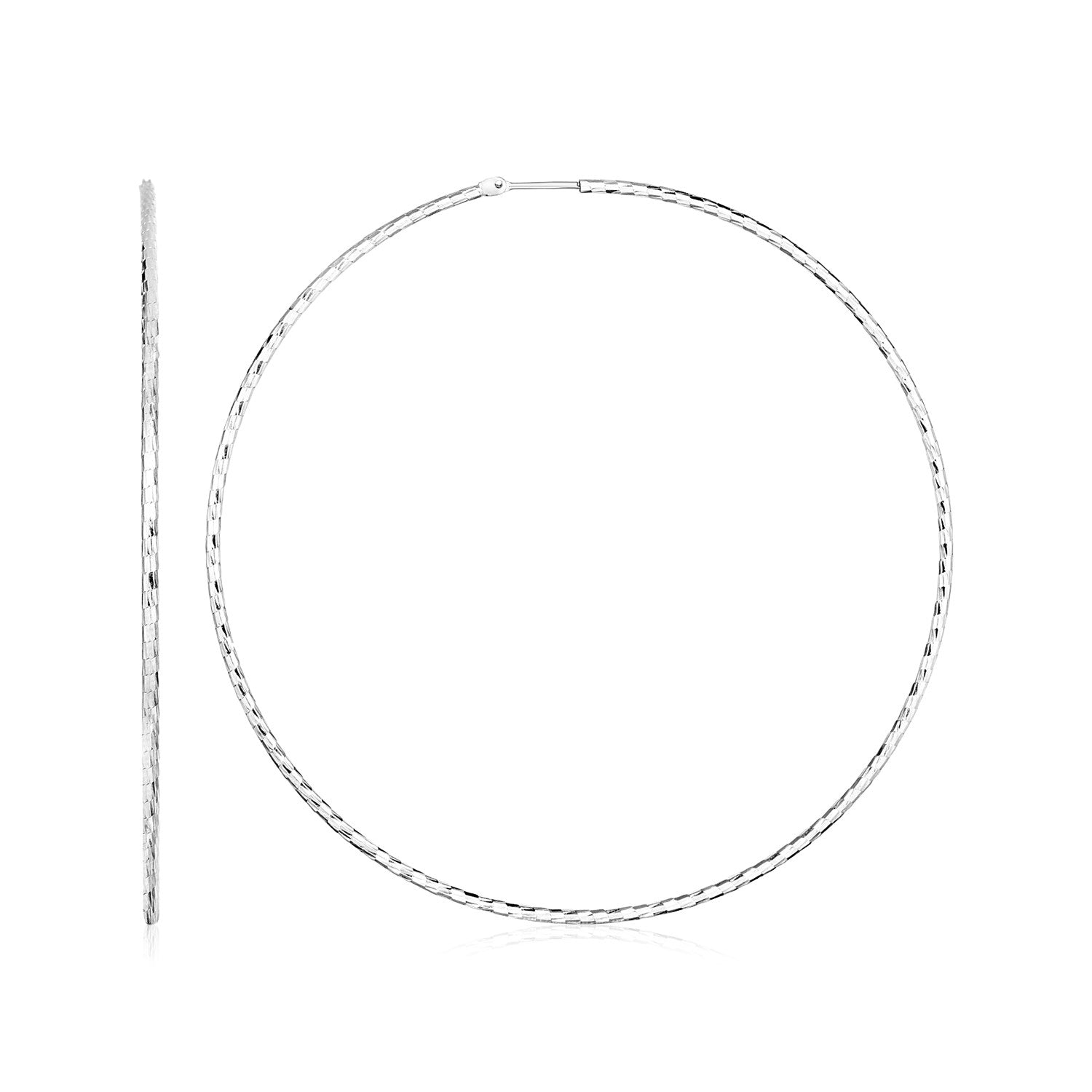 Large, textured sterling silver hoop earrings with an endless clasp.