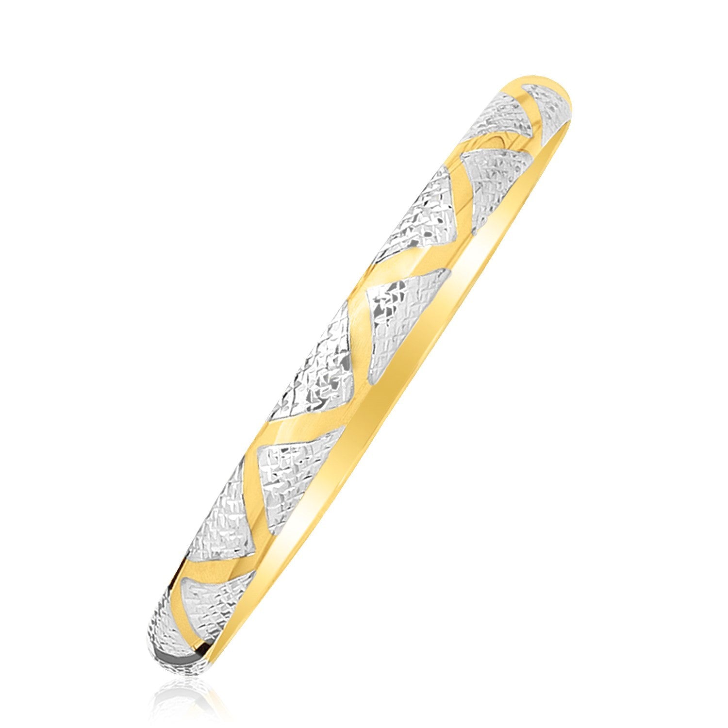 10k two-tone gold bangle with textured white gold and polished yellow gold zigzags.