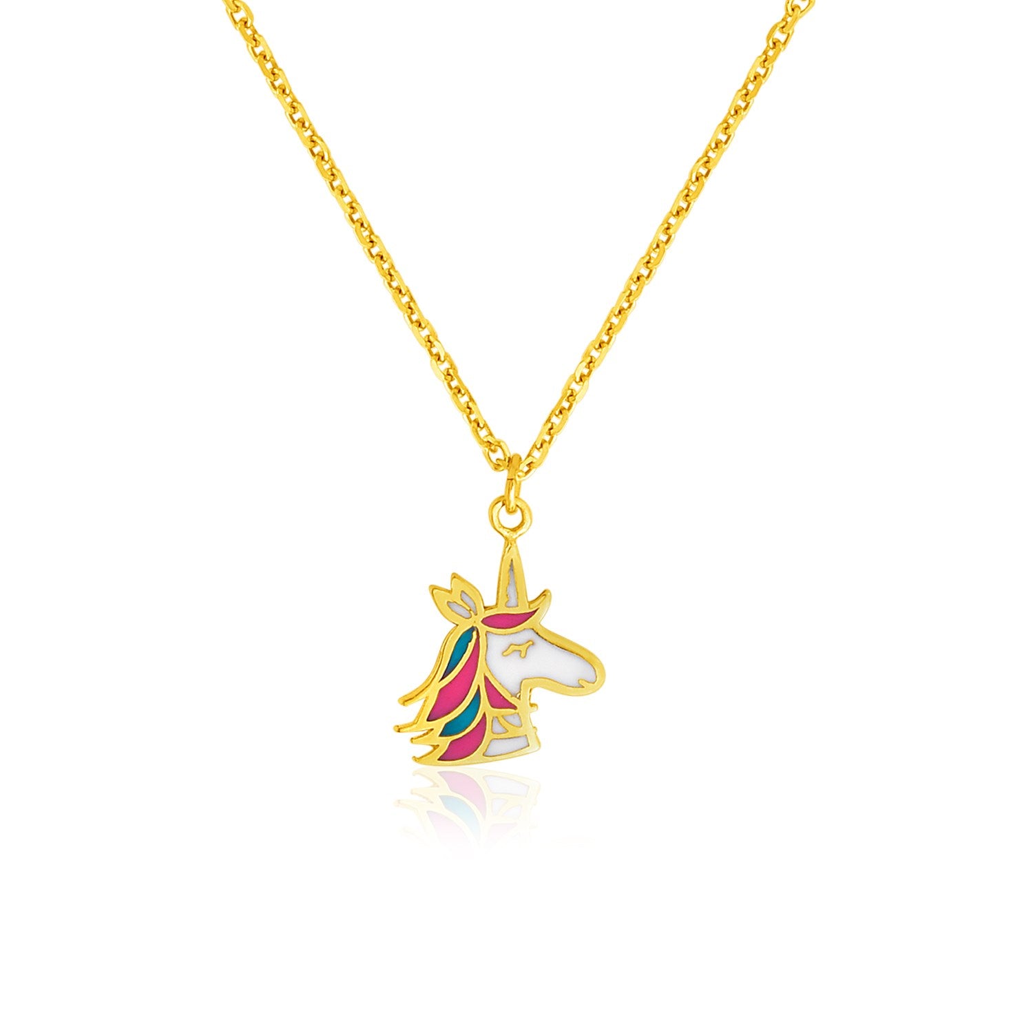 14k yellow gold children's necklace with an enameled unicorn pendant.